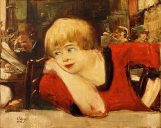 In the Café. Woman in Red